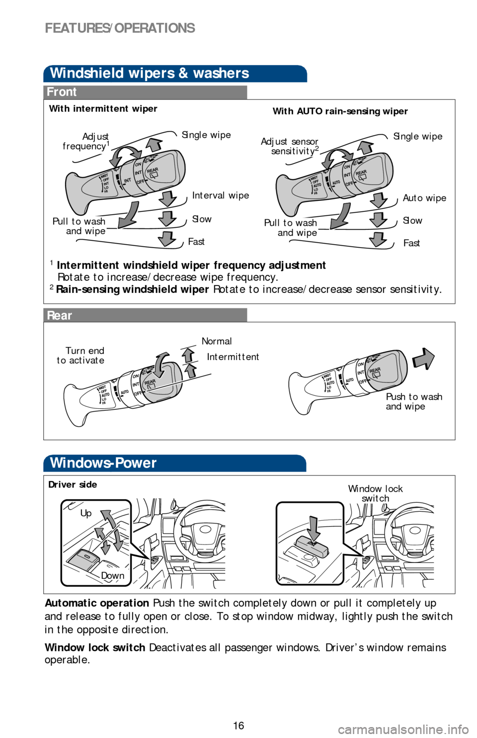 TOYOTA LAND CRUISER 2016 J200 Quick Reference Guide 16
Windshield wipers & washers
FEATURES/OPERATIONS
Windows-Power
Up
Down
Driver sideWindow lock switch
Automatic operation  Push the switch completely down or pull it completely up 
and release to ful