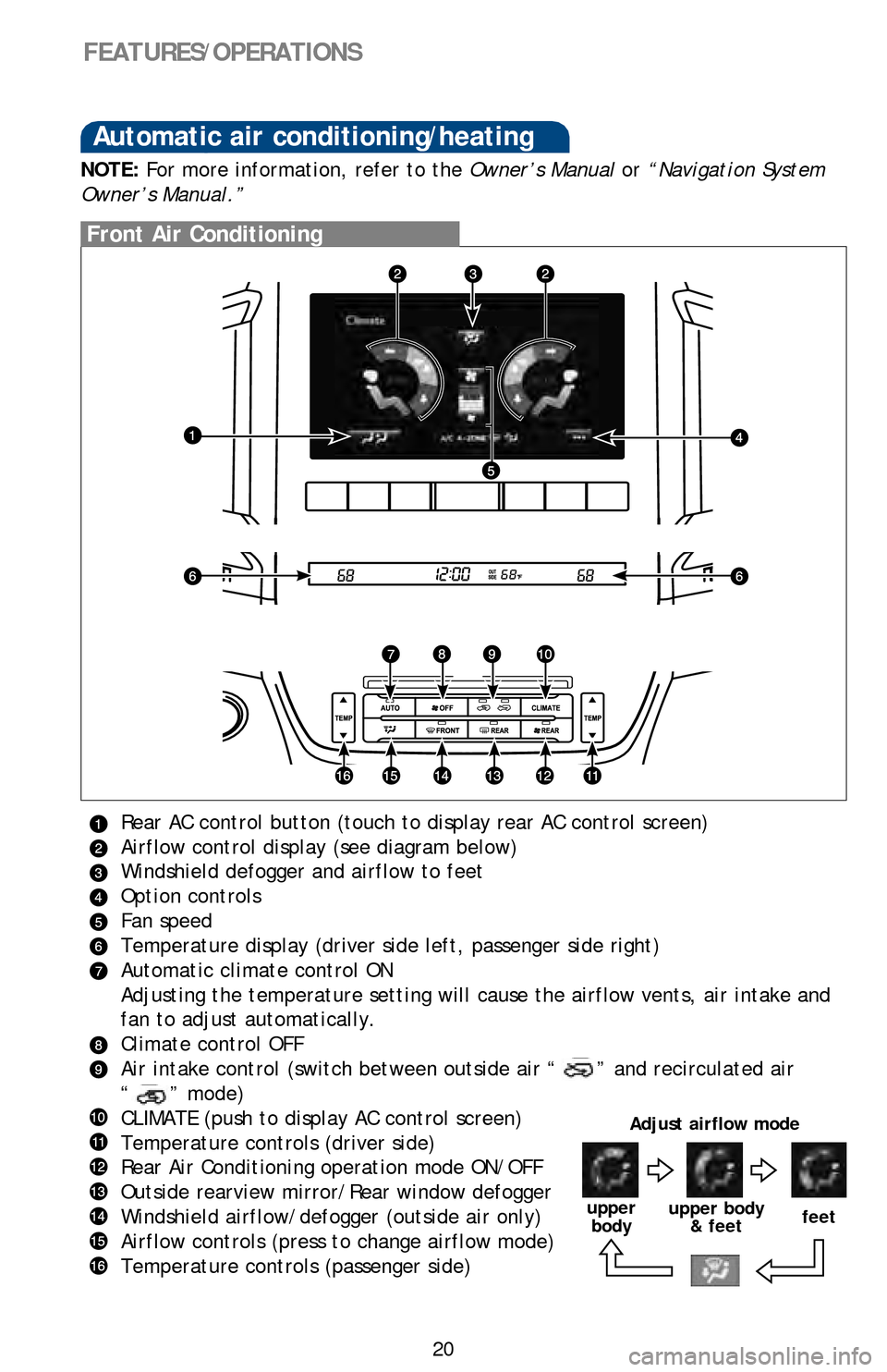 TOYOTA LAND CRUISER 2016 J200 Quick Reference Guide Rear AC control button (touch to display rear AC control screen)
Airflow control display (see diagram below)
Windshield defogger and airflow to feet
Option controls
Fan speed
Temperature display (driv