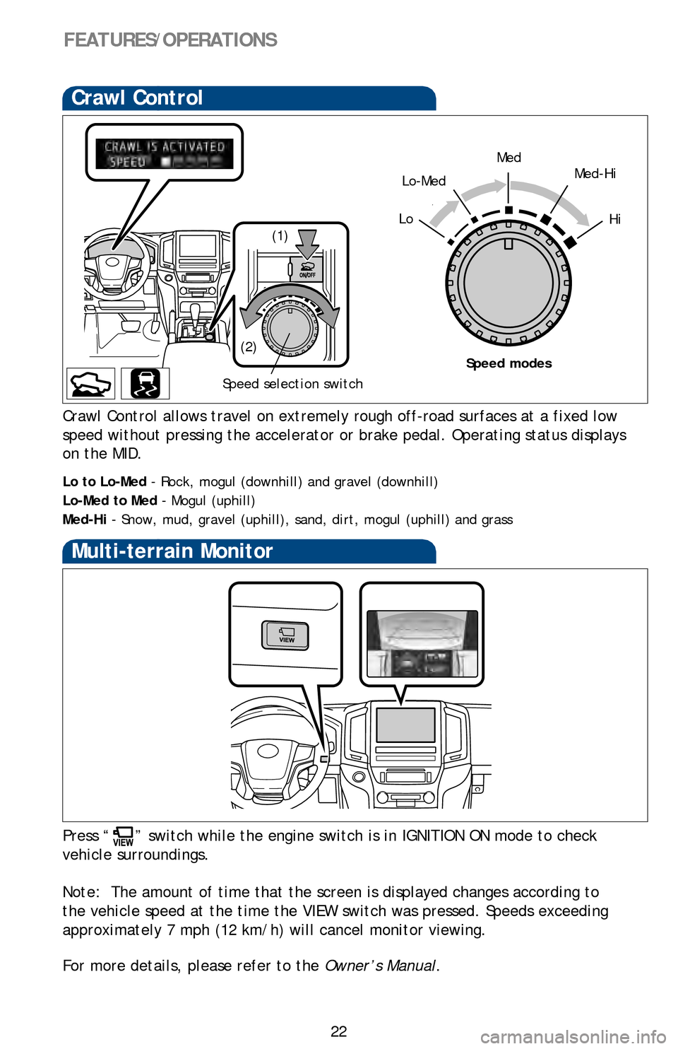 TOYOTA LAND CRUISER 2016 J200 Quick Reference Guide 22
Crawl Control
Multi-terrain Monitor
Speed selection switch
LoHi(1)
(2)
Med
Lo-MedMed-Hi
Speed modes
FEATURES/OPERATIONS
Press “” switch while the engine switch is in IGNITION ON mode to check
TOYOTA LAND CRUISER 2016 J200 Quick Reference Guide 22
Crawl Control
Multi-terrain Monitor
Speed selection switch
LoHi(1)
(2)
Med
Lo-MedMed-Hi
Speed modes
FEATURES/OPERATIONS
Press “” switch while the engine switch is in IGNITION ON mode to check