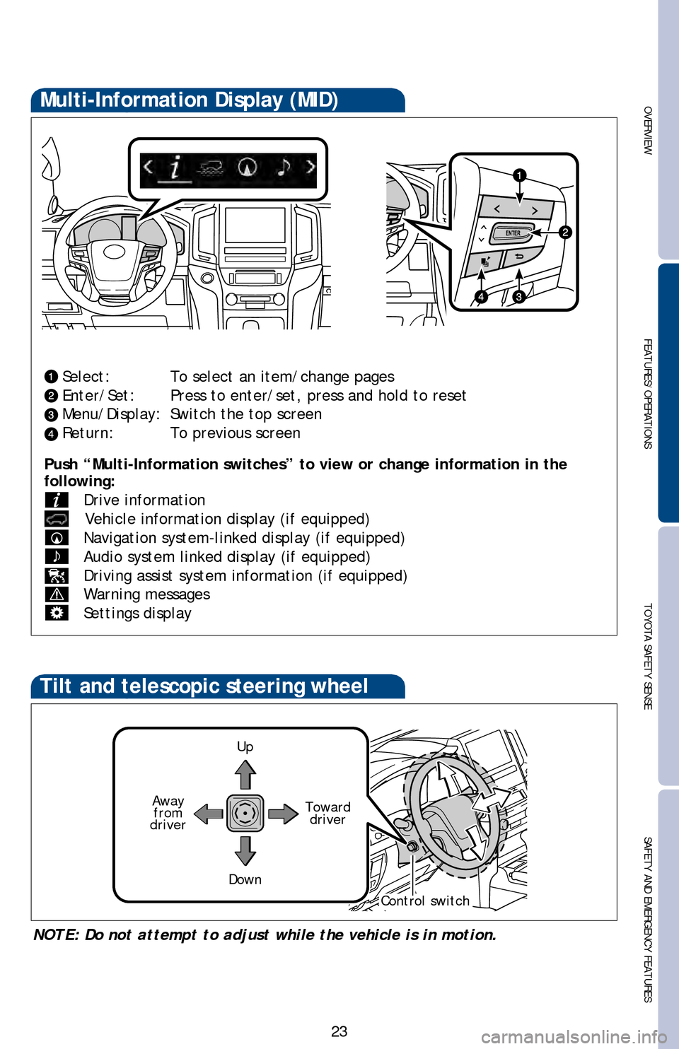 TOYOTA LAND CRUISER 2016 J200 Quick Reference Guide OVERVIEWFEATURES/OPERATIONS TOYOTA SAFETY SENSESAFETY AND EMERGENCY FEATURES
23
Push “Multi-Information switches” to view or change information in\
 the 
following:
 Drive information
   Vehicle i