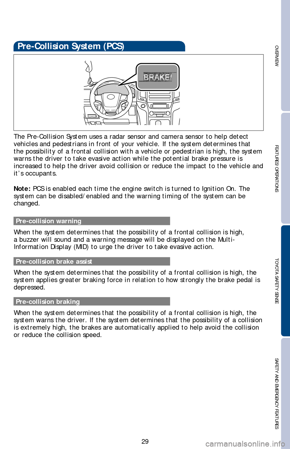 TOYOTA LAND CRUISER 2016 J200 Quick Reference Guide 29
OVERVIEWFEATURES/OPERATIONS TOYOTA SAFETY SENSESAFETY AND EMERGENCY FEATURES
Pre-Collision System (PCS)
The Pre-Collision System uses a radar sensor and camera sensor to help d\
etect
vehicles a TOYOTA LAND CRUISER 2016 J200 Quick Reference Guide 29
OVERVIEWFEATURES/OPERATIONS TOYOTA SAFETY SENSESAFETY AND EMERGENCY FEATURES
Pre-Collision System (PCS)
The Pre-Collision System uses a radar sensor and camera sensor to help d\
etect
vehicles a