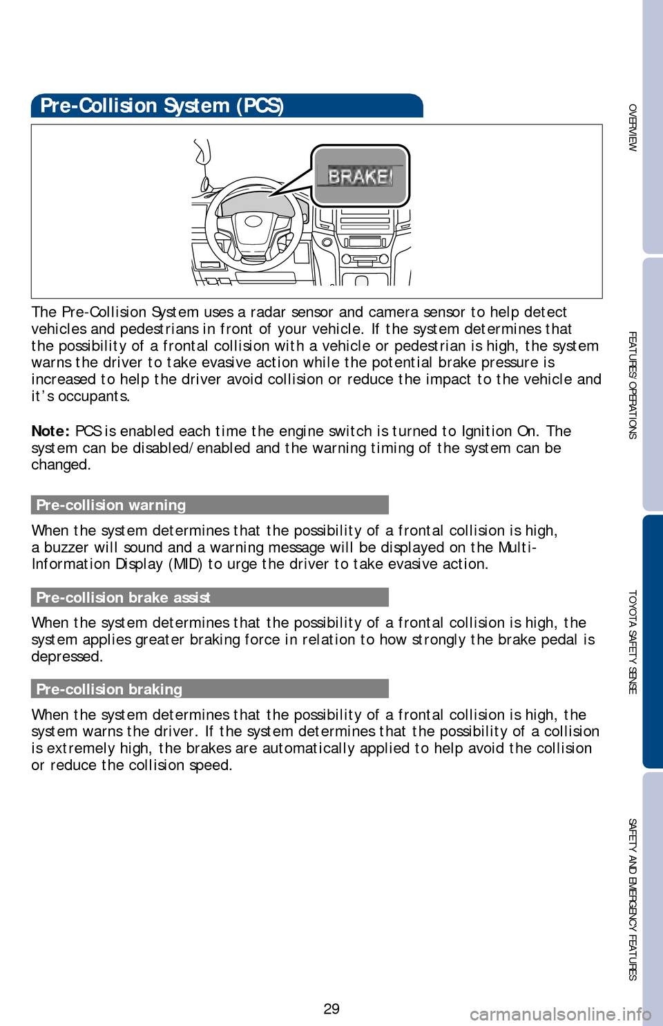 TOYOTA LAND CRUISER 2016 J200 Quick Reference Guide 29
OVERVIEWFEATURES/OPERATIONS TOYOTA SAFETY SENSESAFETY AND EMERGENCY FEATURES
 
Pre-Collision System (PCS)
The Pre-Collision System uses a radar sensor and camera sensor to help d\
etect 
vehicles a