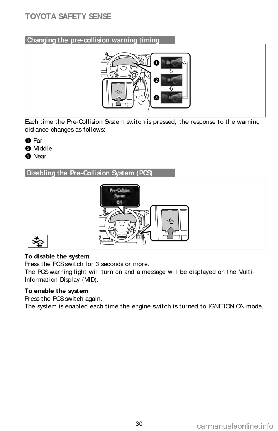 TOYOTA LAND CRUISER 2016 J200 Quick Reference Guide 30
Changing the pre-collision warning timing
Disabling the Pre-Collision System (PCS)
Each time the Pre-Collision System switch is pressed, the response to th\
e warning
distance changes as follo TOYOTA LAND CRUISER 2016 J200 Quick Reference Guide 30
Changing the pre-collision warning timing
Disabling the Pre-Collision System (PCS)
Each time the Pre-Collision System switch is pressed, the response to th\
e warning
distance changes as follo