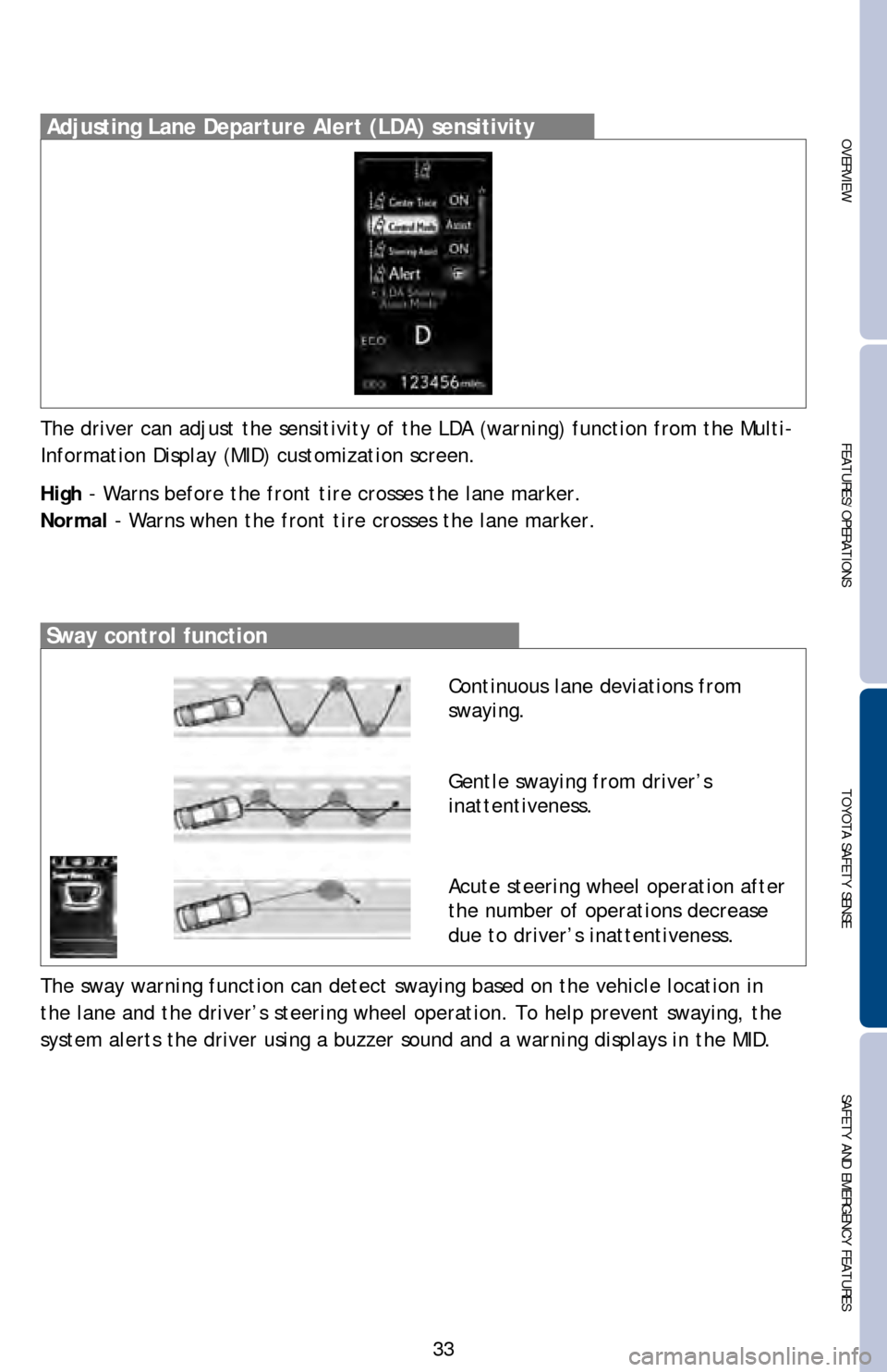 TOYOTA LAND CRUISER 2016 J200 Quick Reference Guide 33
OVERVIEWFEATURES/OPERATIONS TOYOTA SAFETY SENSESAFETY AND EMERGENCY FEATURESAdjusting Lane Departure Alert (LDA) sensitivity
The driver can adjust the sensitivity of the LDA (warning) function fr\
TOYOTA LAND CRUISER 2016 J200 Quick Reference Guide 33
OVERVIEWFEATURES/OPERATIONS TOYOTA SAFETY SENSESAFETY AND EMERGENCY FEATURESAdjusting Lane Departure Alert (LDA) sensitivity
The driver can adjust the sensitivity of the LDA (warning) function fr\
