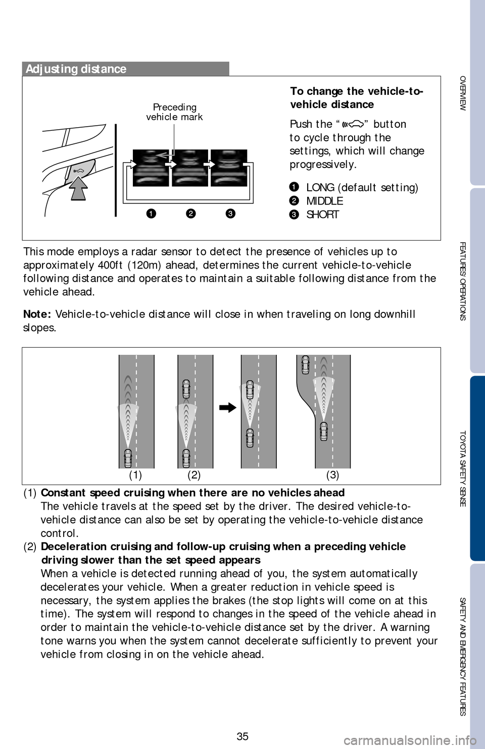 TOYOTA LAND CRUISER 2016 J200 Quick Reference Guide To change the vehicle-to-
vehicle distance
Push the “
” button
to cycle through the
settings, which will change
progressively.
LONG (default setting)
MIDDLE
SHORT
35
OVERVIEW F TOYOTA LAND CRUISER 2016 J200 Quick Reference Guide To change the vehicle-to-
vehicle distance
Push the “
” button
to cycle through the
settings, which will change
progressively.
LONG (default setting)
MIDDLE
SHORT
35
OVERVIEW F