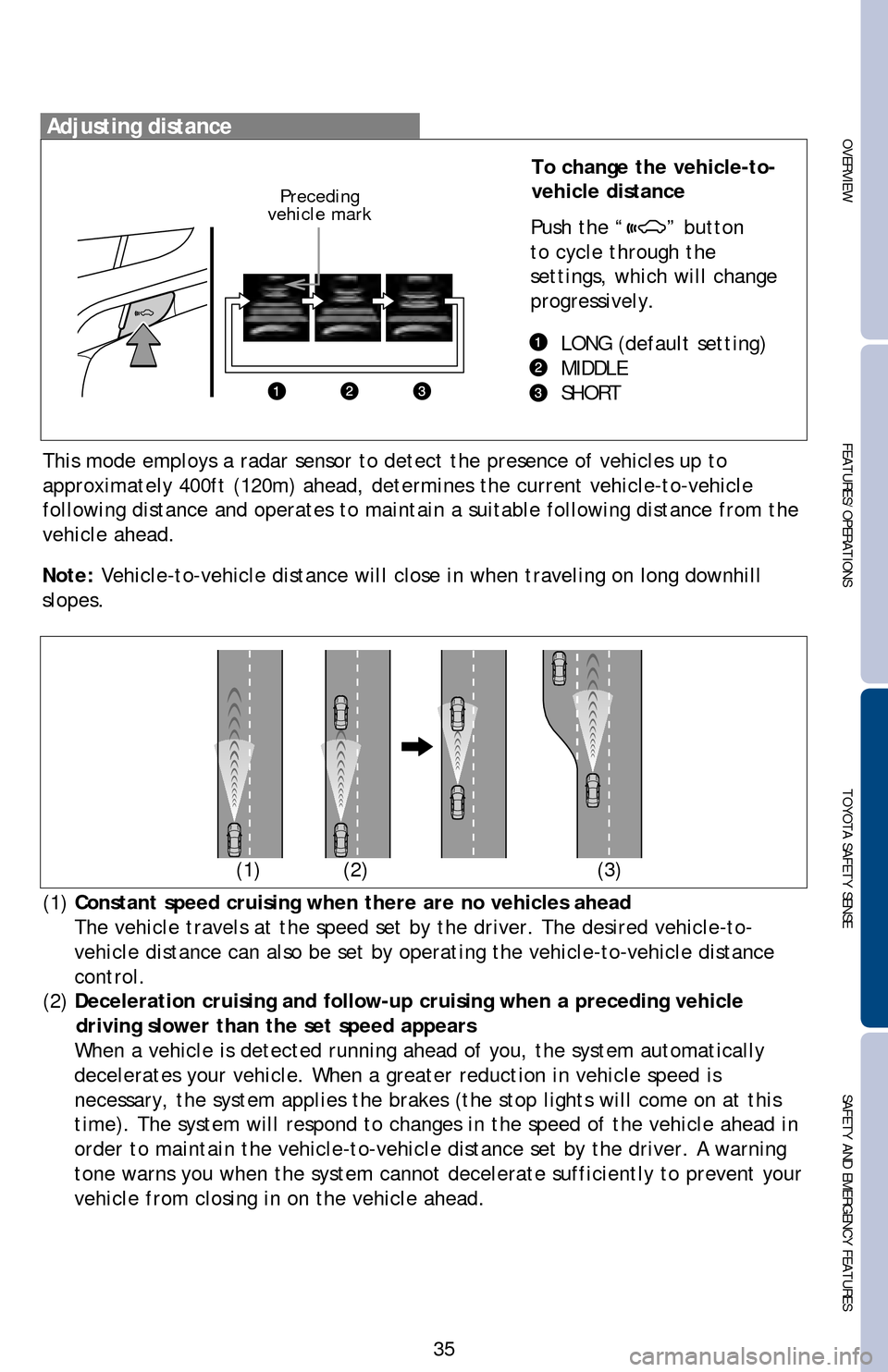 TOYOTA LAND CRUISER 2016 J200 Quick Reference Guide      To change the vehicle-to-    
     vehicle distance
 
Push the “
” button 
to cycle through the 
settings, which will change 
progressively. 
LONG (default setting)
MIDDLE
SHORT
35
OVERVIEW F