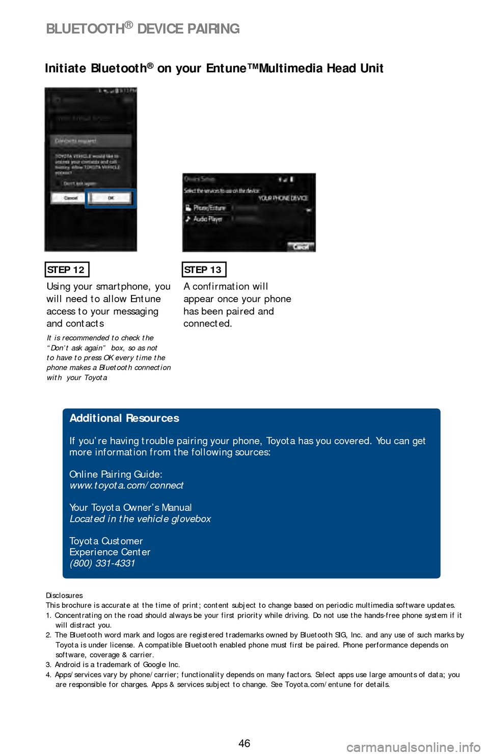 TOYOTA LAND CRUISER 2016 J200 Quick Reference Guide 46
STEP 12
Initiate Bluetooth® on your Entune™ Multimedia Head Unit
A confirmation will
appear once your phone
has been paired and
connected.
STEP 13
Additional Resources
If you’re having tro TOYOTA LAND CRUISER 2016 J200 Quick Reference Guide 46
STEP 12
Initiate Bluetooth® on your Entune™ Multimedia Head Unit
A confirmation will
appear once your phone
has been paired and
connected.
STEP 13
Additional Resources
If you’re having tro