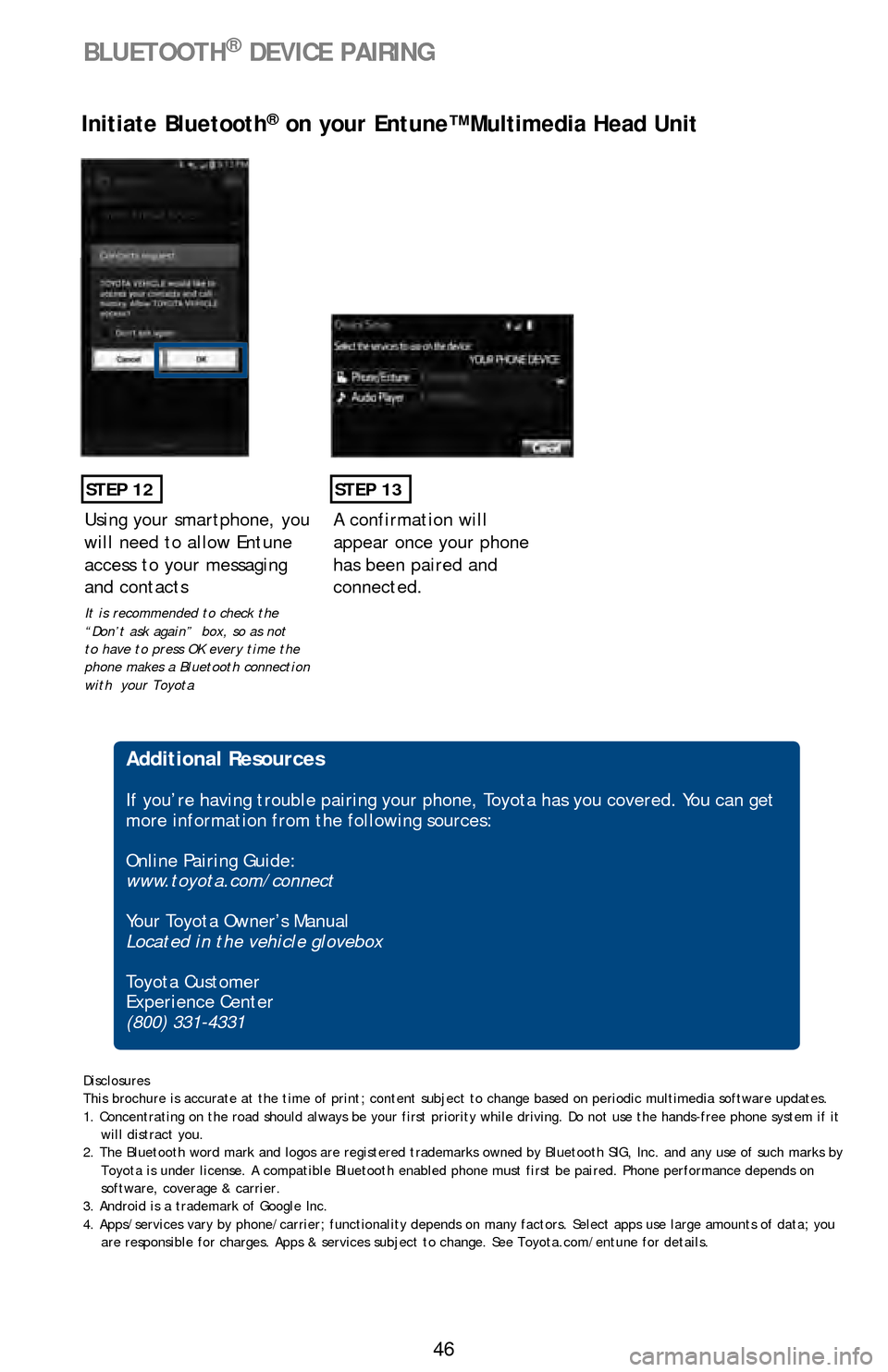 TOYOTA LAND CRUISER 2016 J200 Quick Reference Guide 46
STEP 12
Initiate Bluetooth® on your Entune™ Multimedia Head Unit
A confirmation will 
appear once your phone 
has been paired and 
connected.
STEP 13
 Additional Resources
If you’re having tro