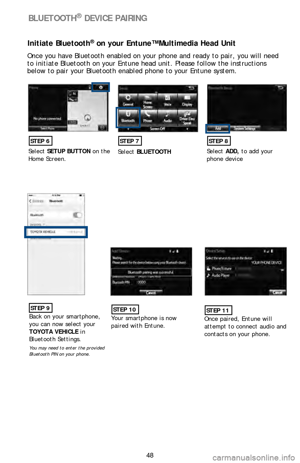 TOYOTA LAND CRUISER 2016 J200 Quick Reference Guide 48
BLUETOOTH® DEVICE PAIRING
Initiate Bluetooth® on your Entune™ Multimedia Head Unit
Once you have Bluetooth enabled on your phone and ready to pair, you wil\
l need
to initiate Bluetooth on you TOYOTA LAND CRUISER 2016 J200 Quick Reference Guide 48
BLUETOOTH® DEVICE PAIRING
Initiate Bluetooth® on your Entune™ Multimedia Head Unit
Once you have Bluetooth enabled on your phone and ready to pair, you wil\
l need
to initiate Bluetooth on you
