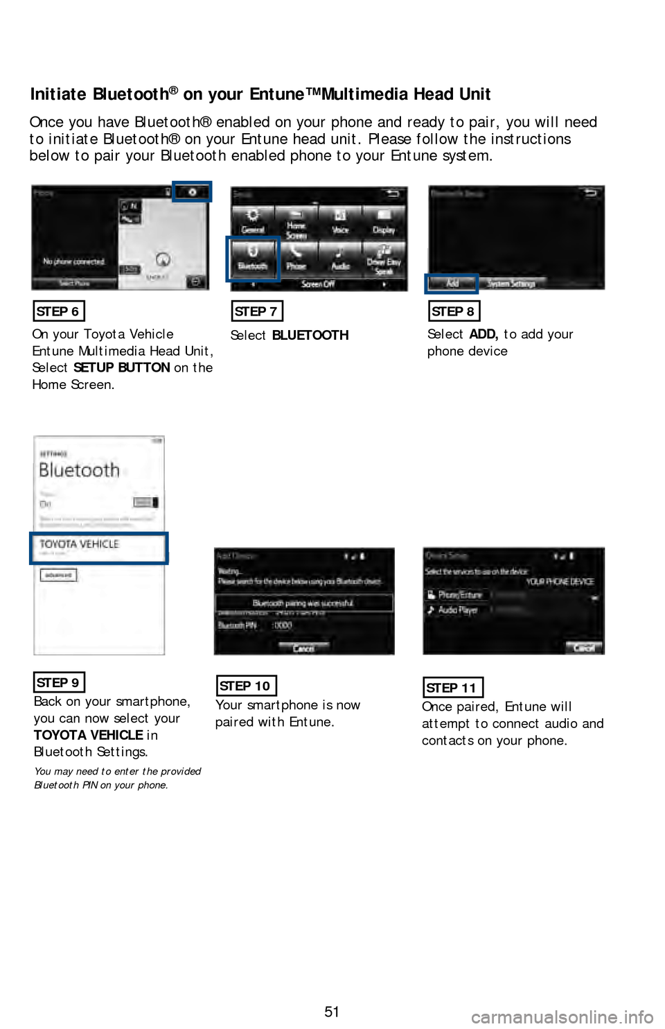 TOYOTA LAND CRUISER 2016 J200 Quick Reference Guide 51
Initiate Bluetooth® on your Entune™ Multimedia Head Unit
Once you have Bluetooth® enabled on your phone and ready to pair, you\
will need
to initiate Bluetooth® on your Entune head unit. Ple TOYOTA LAND CRUISER 2016 J200 Quick Reference Guide 51
Initiate Bluetooth® on your Entune™ Multimedia Head Unit
Once you have Bluetooth® enabled on your phone and ready to pair, you\
will need
to initiate Bluetooth® on your Entune head unit. Ple