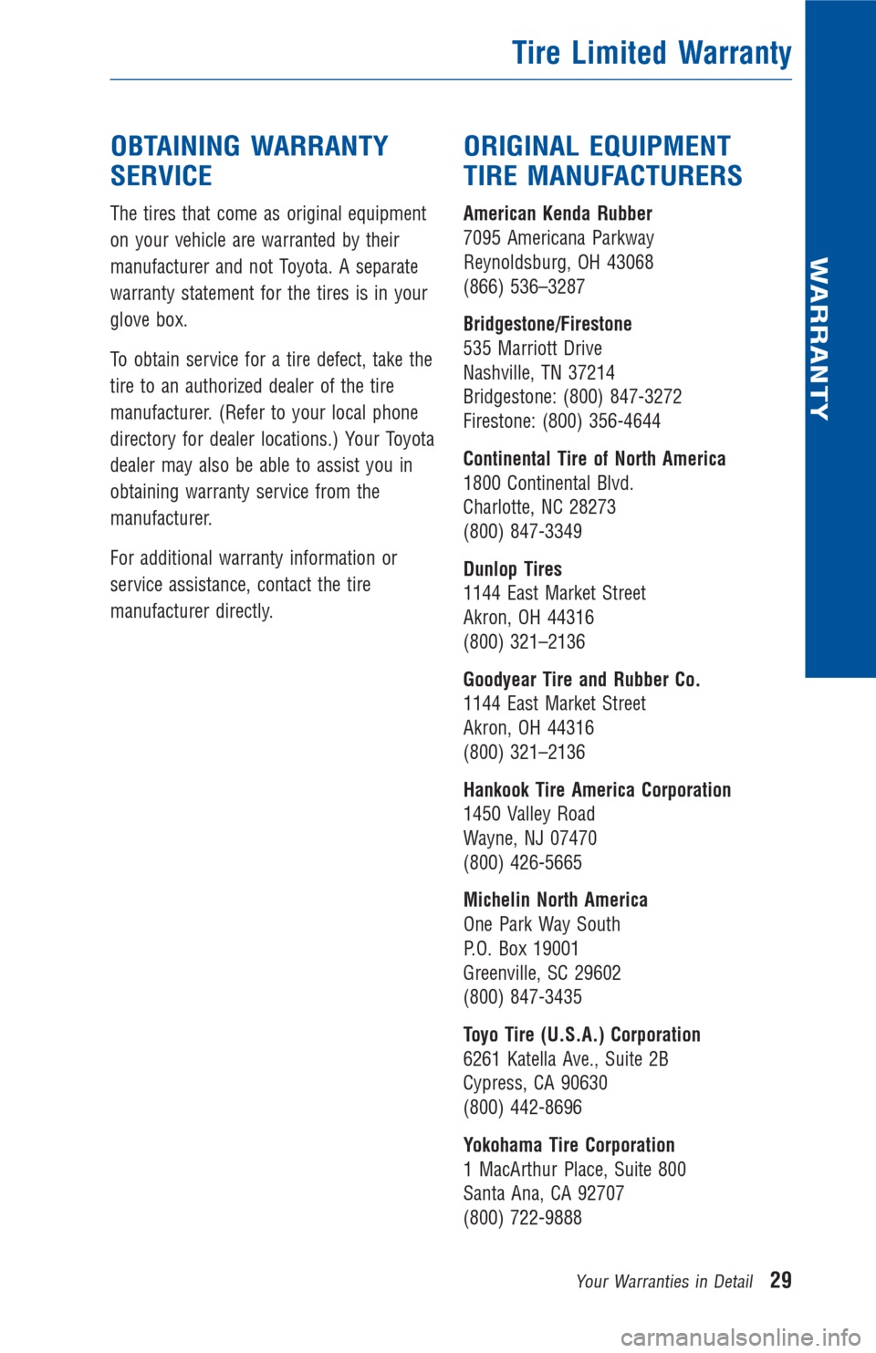 TOYOTA LAND CRUISER 2016 J200 Warranty And Maintenance Guide OBTAINING WARRANTY
SERVICE
The tires that come as original equipment
on your vehicle are warranted by their
manufacturer and not Toyota. A separate
warranty statement for the tires is in your
glove bo TOYOTA LAND CRUISER 2016 J200 Warranty And Maintenance Guide OBTAINING WARRANTY
SERVICE
The tires that come as original equipment
on your vehicle are warranted by their
manufacturer and not Toyota. A separate
warranty statement for the tires is in your
glove bo
