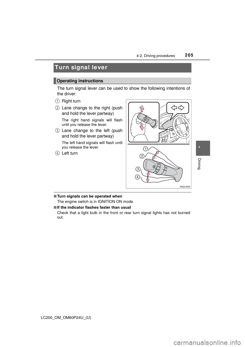 TOYOTA LAND CRUISER 2017 J200 Owners Manual 205
LC200_OM_OM60P24U_(U)
4-2. Driving procedures
4
Driving
Turn signal lever
The turn signal lever can be used to show the following intentions of
the driver:Right turn
Lane change to the right (push TOYOTA LAND CRUISER 2017 J200 Owners Manual 205
LC200_OM_OM60P24U_(U)
4-2. Driving procedures
4
Driving
Turn signal lever
The turn signal lever can be used to show the following intentions of
the driver:Right turn
Lane change to the right (push