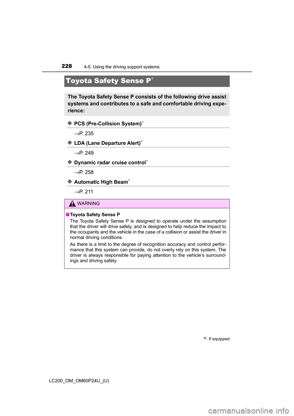 TOYOTA LAND CRUISER 2017 J200 Owners Manual 228
LC200_OM_OM60P24U_(U)
4-5. Using the driving support systems
Toyota Safety Sense P∗
◆PCS (Pre-Collision System)∗
→P.  2 3 5
◆LDA (Lane Departure Alert)∗
→P.  2 4 9
◆Dynamic radar c