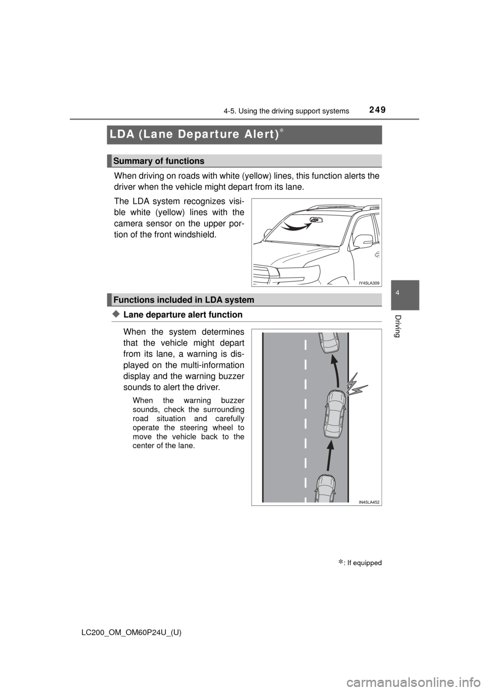 TOYOTA LAND CRUISER 2017 J200 Owners Manual 249
LC200_OM_OM60P24U_(U)
4-5. Using the driving support systems
4
Driving
LDA (Lane Depa rture Alert)∗
When driving on roads with white (yello w) lines, this function alerts the
driver when the veh TOYOTA LAND CRUISER 2017 J200 Owners Manual 249
LC200_OM_OM60P24U_(U)
4-5. Using the driving support systems
4
Driving
LDA (Lane Depa rture Alert)∗
When driving on roads with white (yello w) lines, this function alerts the
driver when the veh