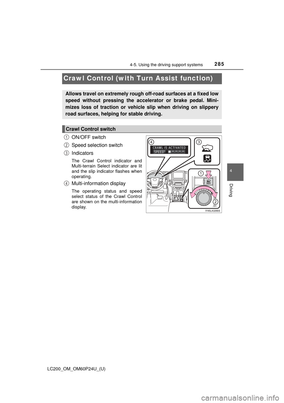 TOYOTA LAND CRUISER 2017 J200 Owners Manual 285
LC200_OM_OM60P24U_(U)
4-5. Using the driving support systems
4
Driving
Crawl Control (with Tu rn Assist function)
ON/OFF switch
Speed selection switch
Indicators
The Crawl Control indicator and
Mu TOYOTA LAND CRUISER 2017 J200 Owners Manual 285
LC200_OM_OM60P24U_(U)
4-5. Using the driving support systems
4
Driving
Crawl Control (with Tu rn Assist function)
ON/OFF switch
Speed selection switch
Indicators
The Crawl Control indicator and
Mu