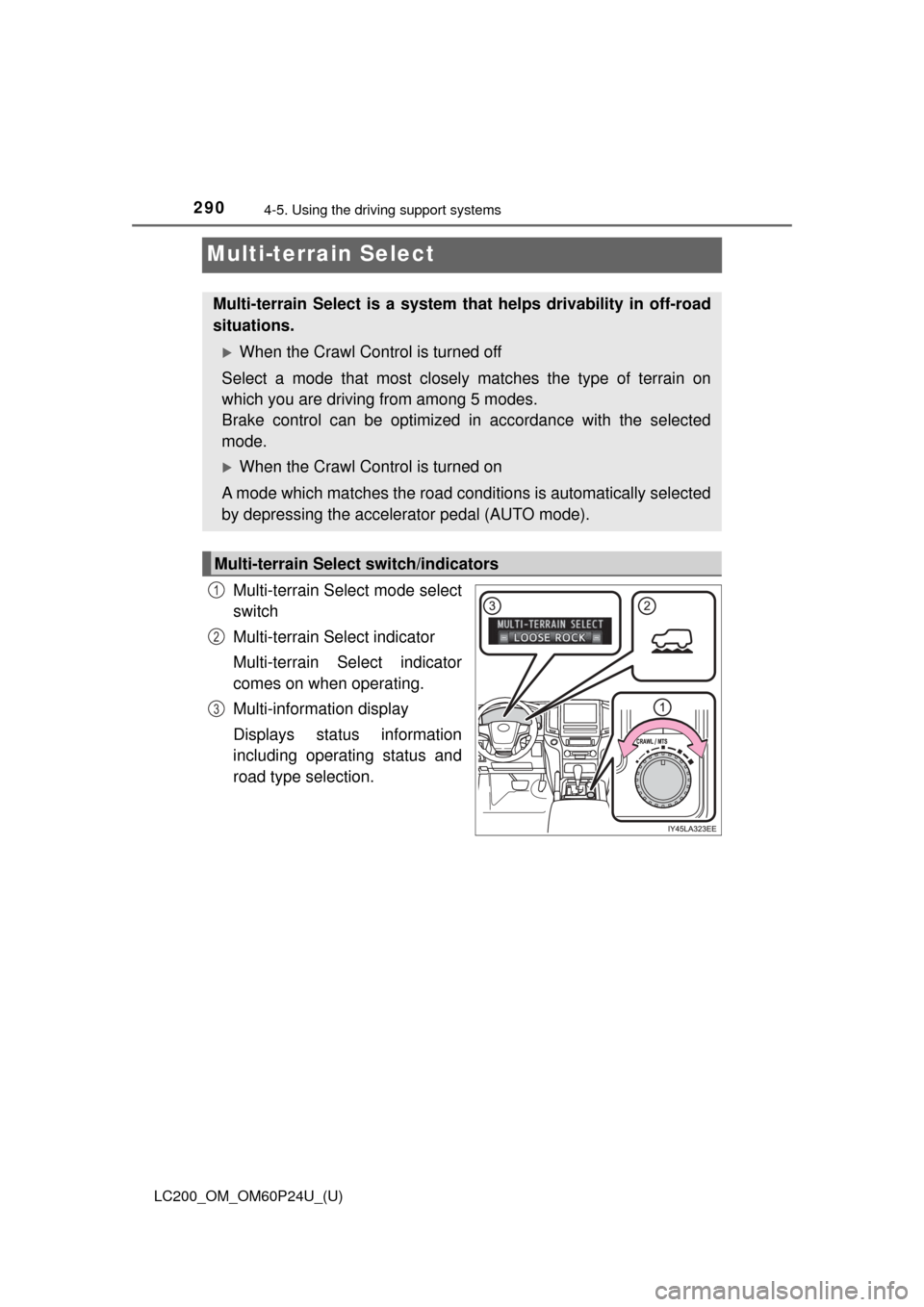 TOYOTA LAND CRUISER 2017 J200 Owners Manual 290
LC200_OM_OM60P24U_(U)
4-5. Using the driving support systems
Multi-terrain Select
Multi-terrain Select mode select
switch
Multi-terrain Select indicator
Multi-terrain Select indicator
comes on whe TOYOTA LAND CRUISER 2017 J200 Owners Manual 290
LC200_OM_OM60P24U_(U)
4-5. Using the driving support systems
Multi-terrain Select
Multi-terrain Select mode select
switch
Multi-terrain Select indicator
Multi-terrain Select indicator
comes on whe