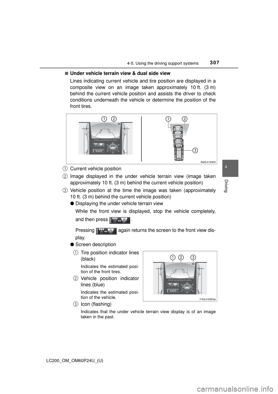 TOYOTA LAND CRUISER 2017 J200 Owners Manual LC200_OM_OM60P24U_(U)
3074-5. Using the driving support systems
4
Driving
■Under vehicle terrain view & dual side view
Lines indicating current vehicle and tire position are displayed in a
composite