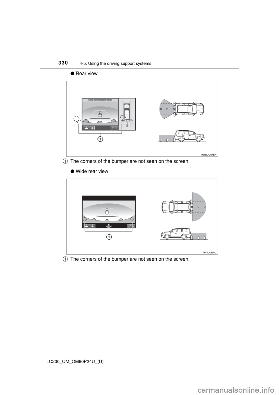 TOYOTA LAND CRUISER 2017 J200 Owners Manual 330
LC200_OM_OM60P24U_(U)
4-5. Using the driving support systems
●Rear view
The corners of the bumper are not seen on the screen.
● Wide rear view
The corners of the bumper are not seen on the scr TOYOTA LAND CRUISER 2017 J200 Owners Manual 330
LC200_OM_OM60P24U_(U)
4-5. Using the driving support systems
●Rear view
The corners of the bumper are not seen on the screen.
● Wide rear view
The corners of the bumper are not seen on the scr