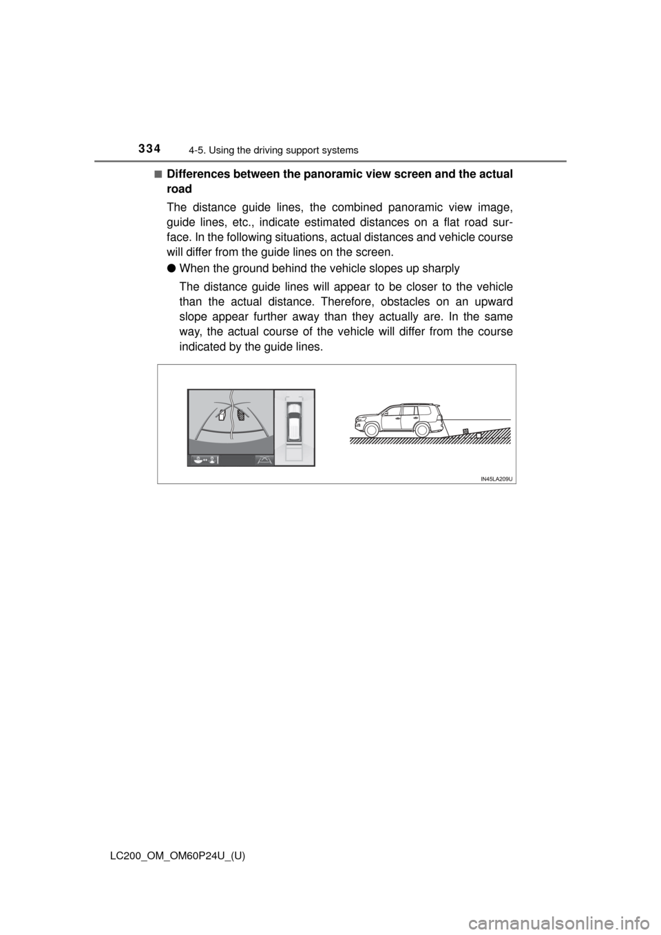 TOYOTA LAND CRUISER 2017 J200 Owners Manual 334
LC200_OM_OM60P24U_(U)
4-5. Using the driving support systems
■Differences between the panoramic view screen and the actual
road
The distance guide lines, the combined panoramic view image,
guide
