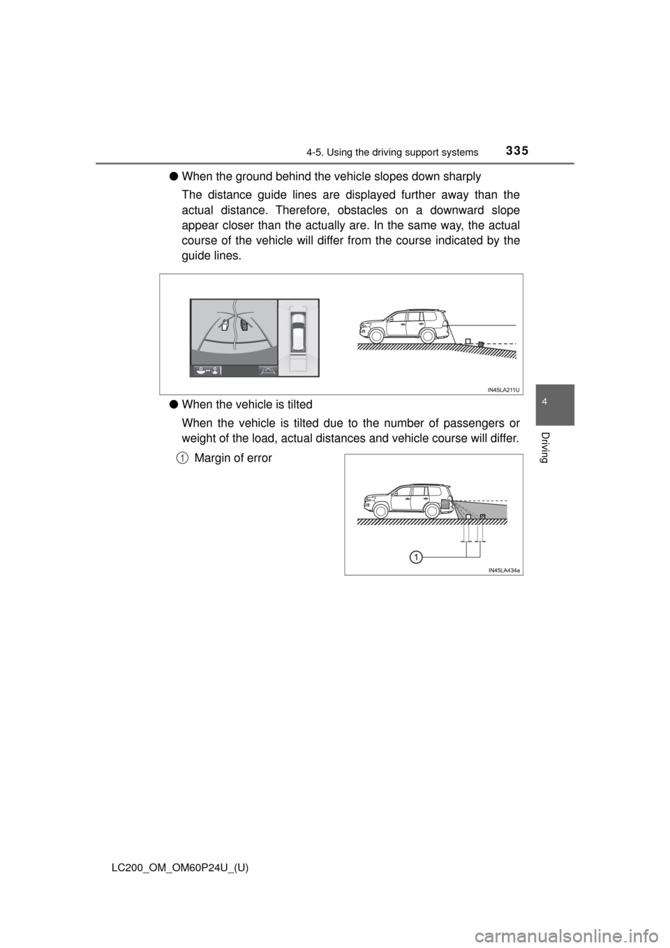 TOYOTA LAND CRUISER 2017 J200 Owners Manual LC200_OM_OM60P24U_(U)
3354-5. Using the driving support systems
4
Driving
●When the ground behind the vehi cle slopes down sharply
The distance guide lines are displayed further away than the
actual