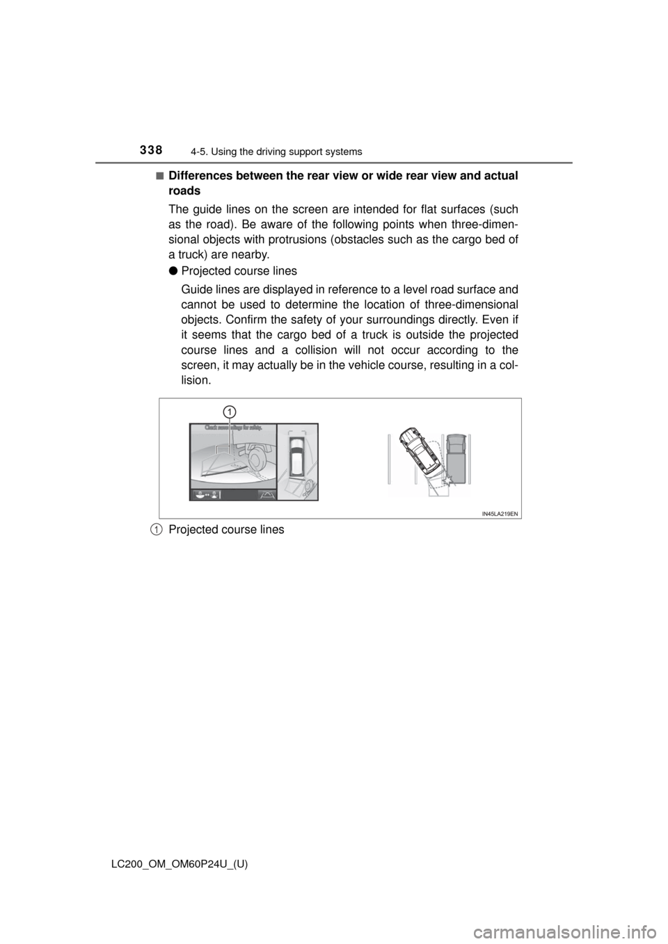 TOYOTA LAND CRUISER 2017 J200 Owners Manual 338
LC200_OM_OM60P24U_(U)
4-5. Using the driving support systems
■Differences between the rear view or wide rear view and actual
roads
The guide lines on the screen are  intended for flat surfaces (