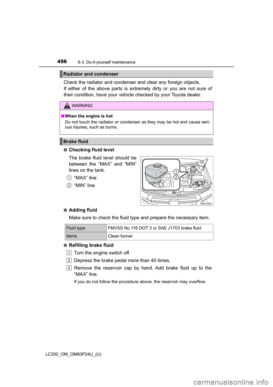 TOYOTA LAND CRUISER 2017 J200 Owners Guide 456
LC200_OM_OM60P24U_(U)
6-3. Do-it-yourself maintenance
Check the radiator and condenser and clear any foreign objects.
If either of the above parts is extremely dirty or you are not sure of
their c