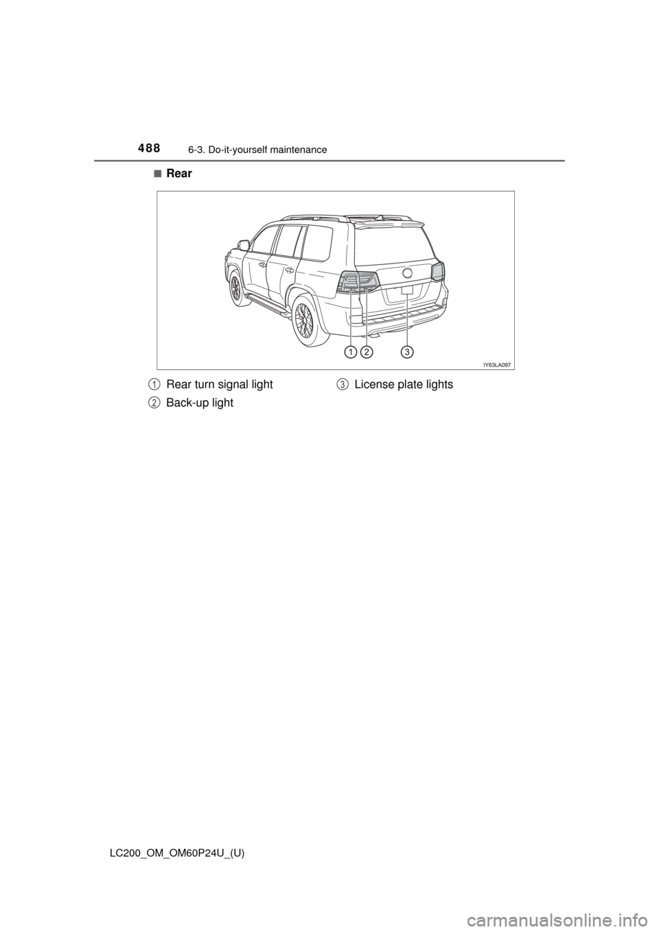TOYOTA LAND CRUISER 2017 J200 Repair Manual 488 LC200_OM_OM60P24U_(U) 6-3. Do-it-yourself maintenance ■Rear Rear turn signal light Back-up lightLicense plate lights1 2 3 