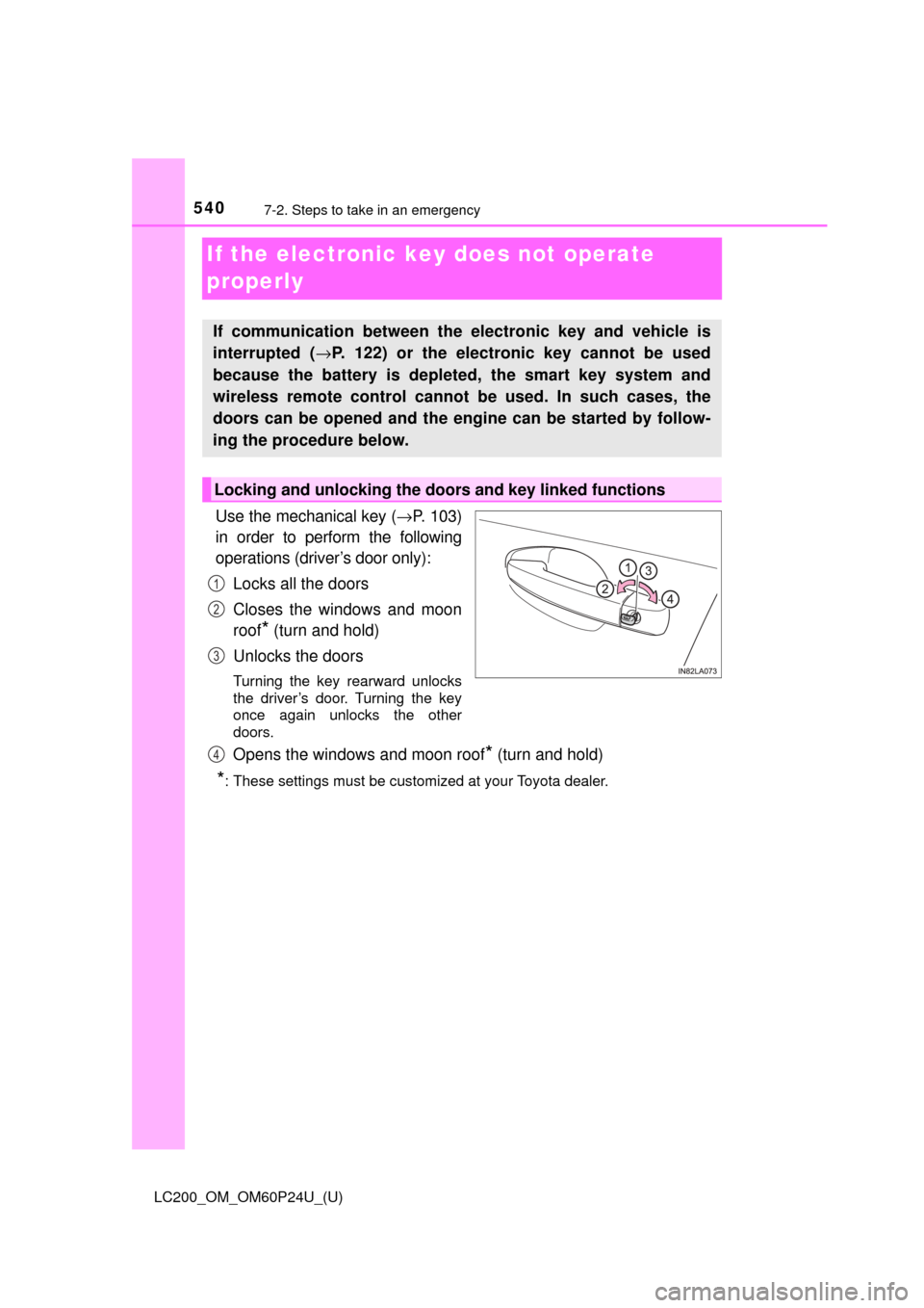 TOYOTA LAND CRUISER 2017 J200 Service Manual 540
LC200_OM_OM60P24U_(U)
7-2. Steps to take in an emergency
If the electronic key does not operate 
properly
Use the mechanical key (→P. 103)
in order to perform the following
operations (driver’