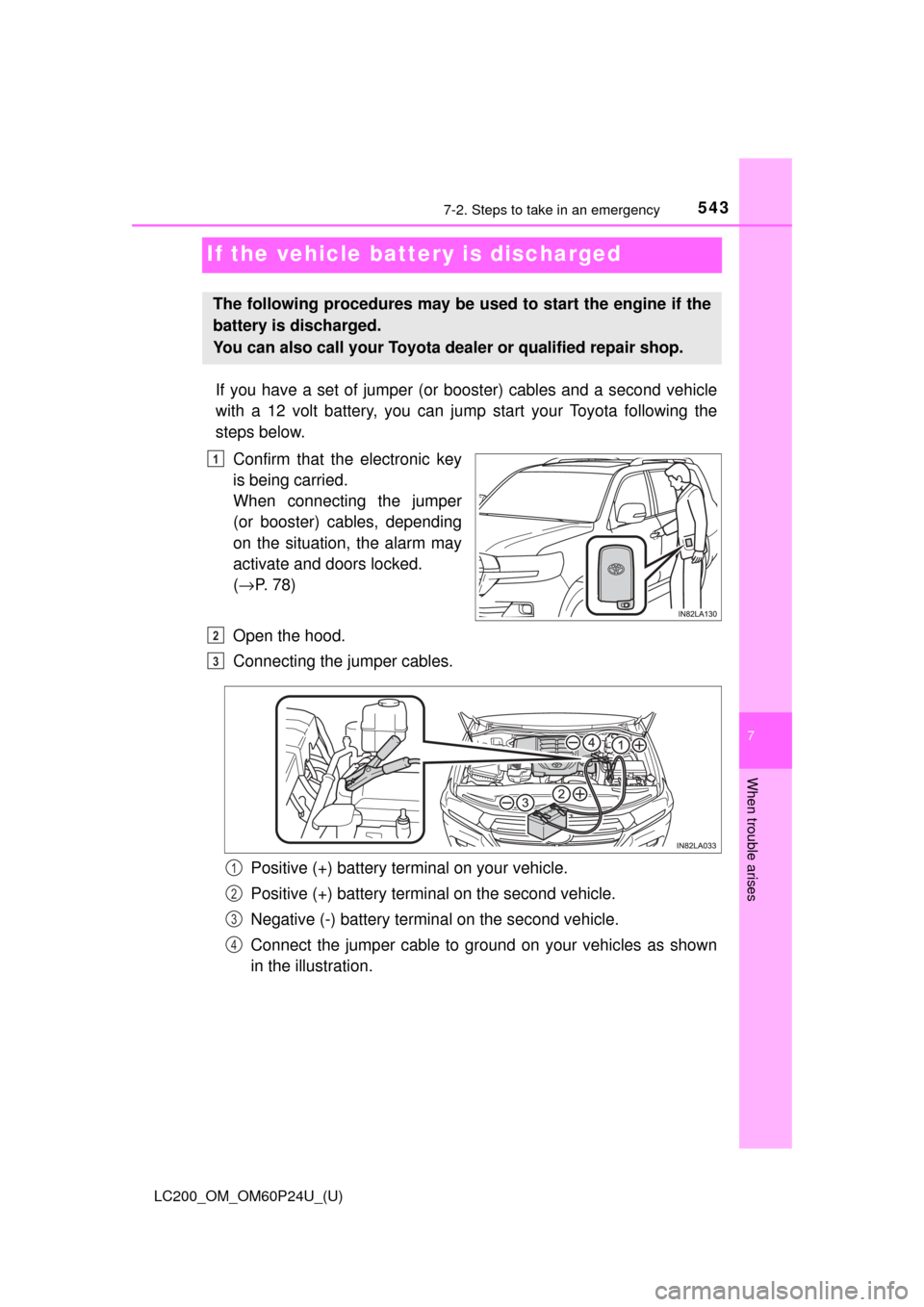 TOYOTA LAND CRUISER 2017 J200 Owners Manual 543
LC200_OM_OM60P24U_(U)
7
When trouble arises
7-2. Steps to take in an emergency
If the vehicle battery is discharged
If you have a set of jumper (or booster) cables and a second vehicle
with a 12 TOYOTA LAND CRUISER 2017 J200 Owners Manual 543
LC200_OM_OM60P24U_(U)
7
When trouble arises
7-2. Steps to take in an emergency
If the vehicle battery is discharged
If you have a set of jumper (or booster) cables and a second vehicle
with a 12