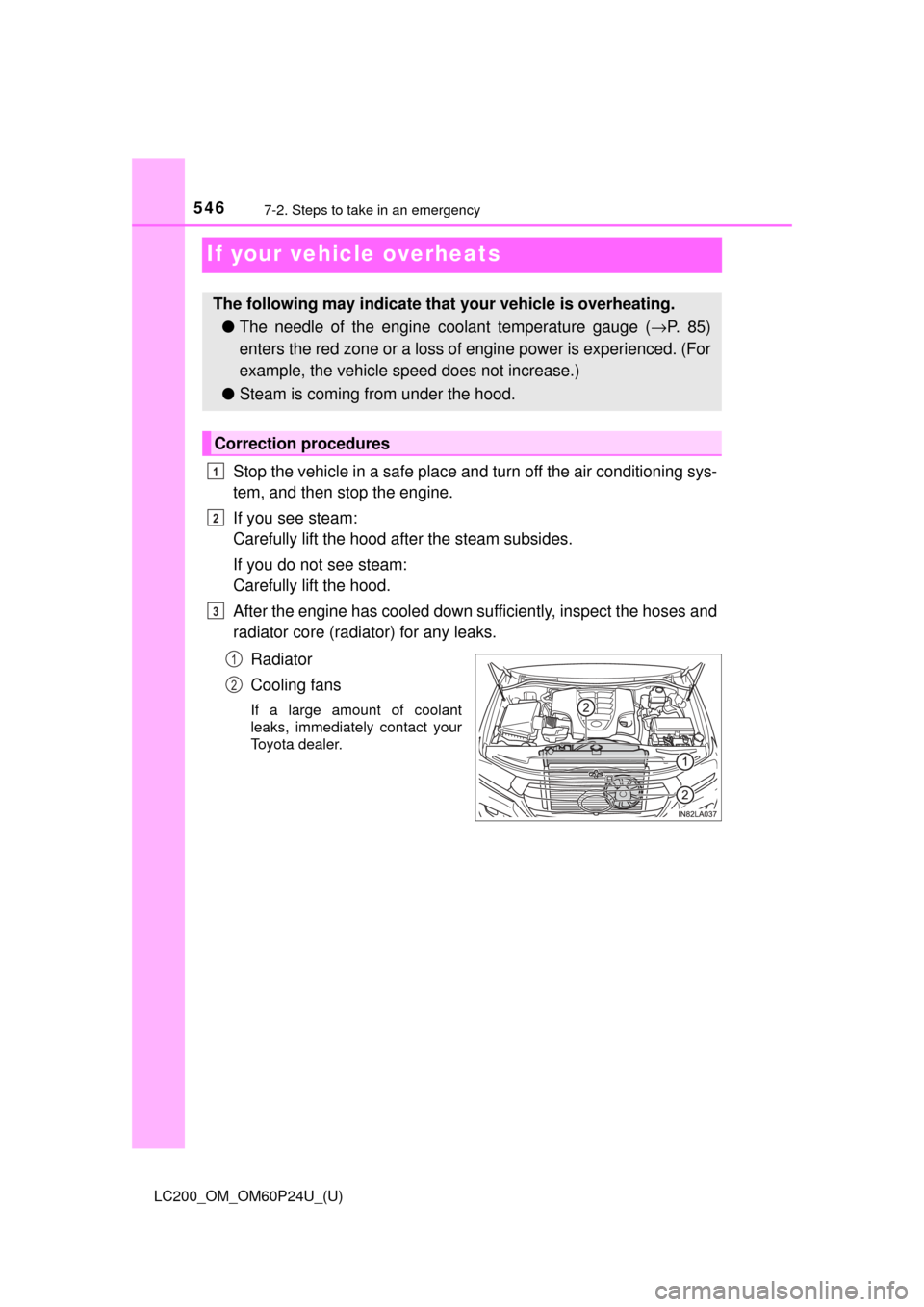 TOYOTA LAND CRUISER 2017 J200 Owners Manual 546
LC200_OM_OM60P24U_(U)
7-2. Steps to take in an emergency
If your vehicle overheats
Stop the vehicle in a safe place and turn off the air conditioning sys-
tem, and then stop the engine.
If you see TOYOTA LAND CRUISER 2017 J200 Owners Manual 546
LC200_OM_OM60P24U_(U)
7-2. Steps to take in an emergency
If your vehicle overheats
Stop the vehicle in a safe place and turn off the air conditioning sys-
tem, and then stop the engine.
If you see