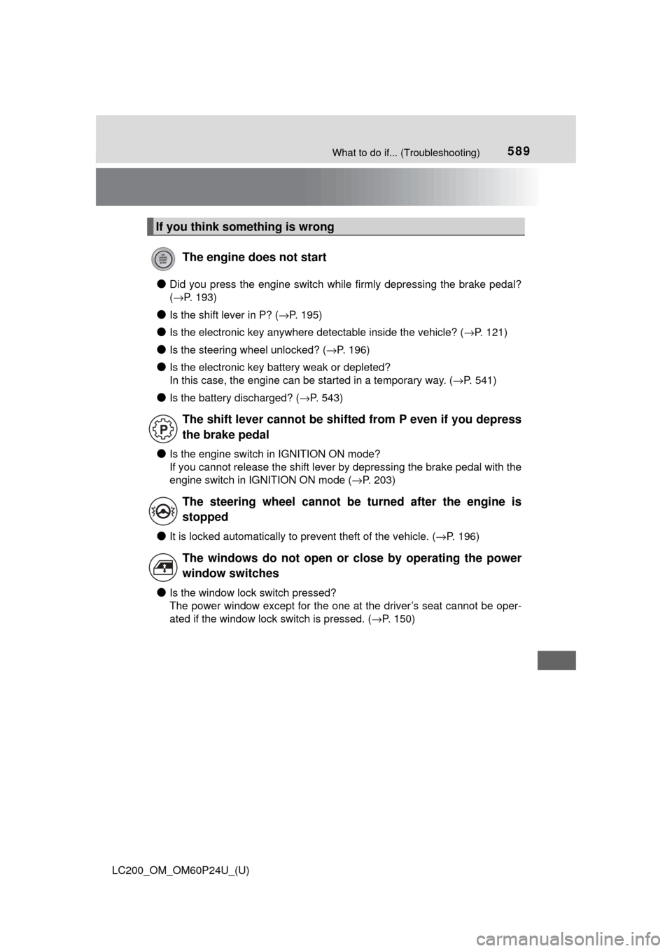 TOYOTA LAND CRUISER 2017 J200 Service Manual 589What to do if... (Troubleshooting)
LC200_OM_OM60P24U_(U)
●Did you press the engine switch while firmly depressing the brake pedal?
(→P. 193)
●Is the shift lever in P? ( →P. 195)
●Is the e