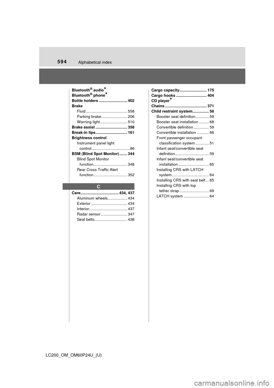 TOYOTA LAND CRUISER 2017 J200 Owners Manual 594Alphabetical index
LC200_OM_OM60P24U_(U)
Bluetooth® audio*
Bluetooth® phone*
Bottle holders .......................... 402
BrakeFluid ...................................... 558
Parking brake.....