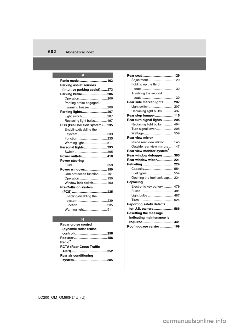 TOYOTA LAND CRUISER 2017 J200 Service Manual 602Alphabetical index
LC200_OM_OM60P24U_(U)
Panic mode .............................. 103
Parking assist sensors (intuitive parking assist) ....... 273
Parking brake ........................... 206 Op
