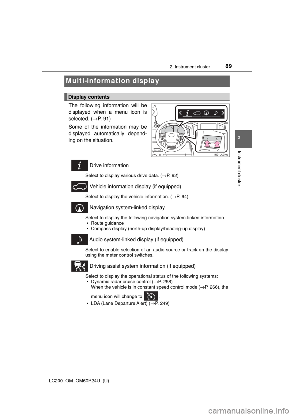 TOYOTA LAND CRUISER 2017 J200 Owners Manual 89
LC200_OM_OM60P24U_(U)
2. Instrument cluster
2
Instrument cluster
Multi-information display
The following information will be
displayed when a menu icon is
selected. (→P.  9 1 )
Some of the inform