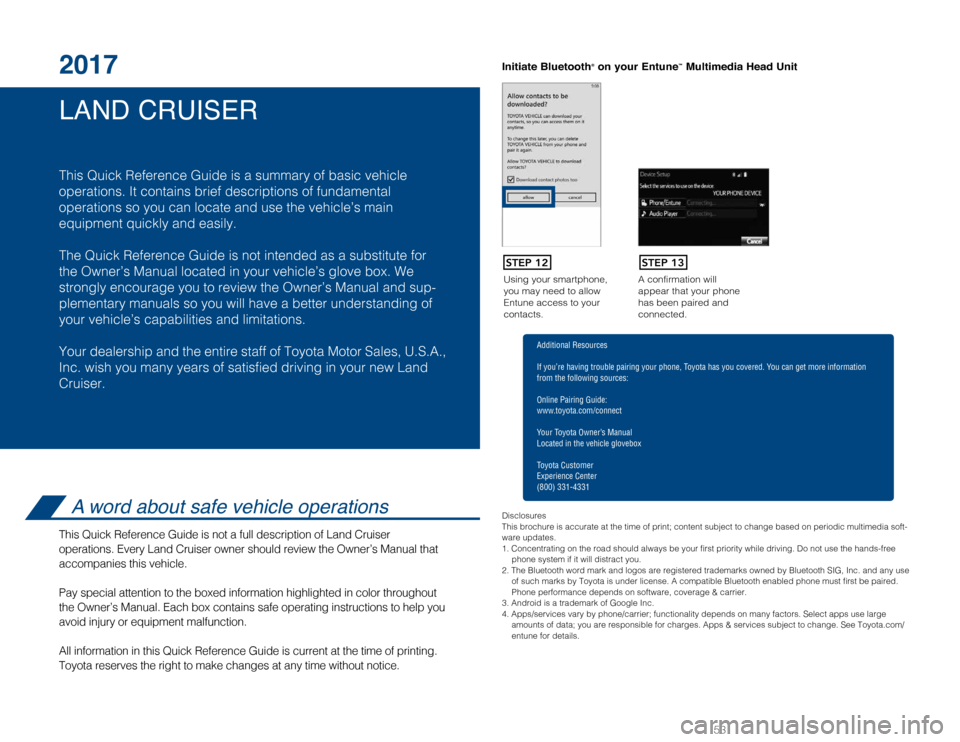TOYOTA LAND CRUISER 2017 J200 Quick Reference Guide LAND CRUISER 2017
This Quick Reference Guide is a summary of basic vehicle
operations. It contains brief descriptions of fundamental
operations so you can locate and use the vehicle’s main
equipmen TOYOTA LAND CRUISER 2017 J200 Quick Reference Guide LAND CRUISER 2017
This Quick Reference Guide is a summary of basic vehicle
operations. It contains brief descriptions of fundamental
operations so you can locate and use the vehicle’s main
equipmen