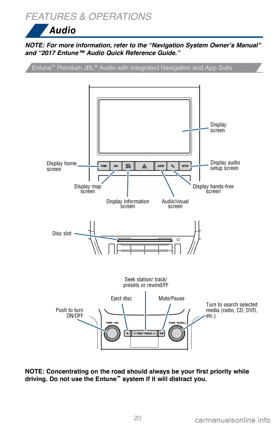 TOYOTA LAND CRUISER 2017 J200 Quick Reference Guide 20
Audio
FEATURES & OPERATIONS
NOTE: For more information, refer to the “Navigation System Owner’s Manual”
and “2017 Entune™ Audio Quick Reference Guide.”
NOTE: Concentrating on the road TOYOTA LAND CRUISER 2017 J200 Quick Reference Guide 20
Audio
FEATURES & OPERATIONS
NOTE: For more information, refer to the “Navigation System Owner’s Manual”
and “2017 Entune™ Audio Quick Reference Guide.”
NOTE: Concentrating on the road