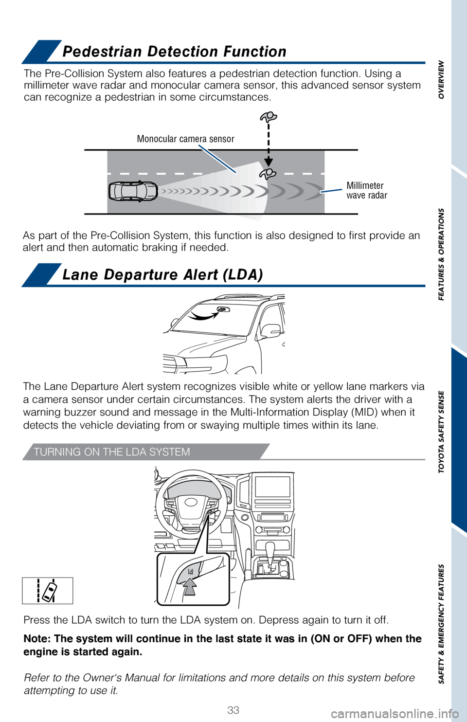 TOYOTA LAND CRUISER 2017 J200 Quick Reference Guide 33
OVERVIEW
FEATURES & OPERATIONS
TOYOTA SAFETY SENSE
SAFETY & EMERGENCY FEATURES
Pedestrian Detection Function
Lane Departure Alert (LDA)
TURNING ON THE LDA SYSTEM
Monocular camera sensor
Millimeter
TOYOTA LAND CRUISER 2017 J200 Quick Reference Guide 33
OVERVIEW
FEATURES & OPERATIONS
TOYOTA SAFETY SENSE
SAFETY & EMERGENCY FEATURES
Pedestrian Detection Function
Lane Departure Alert (LDA)
TURNING ON THE LDA SYSTEM
Monocular camera sensor
Millimeter