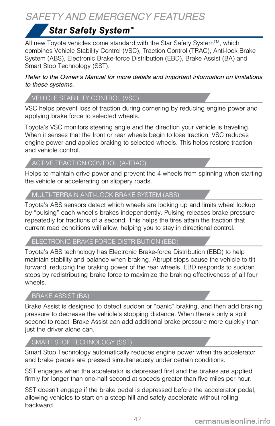 TOYOTA LAND CRUISER 2017 J200 Quick Reference Guide 42
Star Safety System™
SAFETY AND EMERGENCY FEATURES
Smart Stop Technology automatically reduces engine power when the accele\
rator
and brake pedals are pressed simultaneously under certain condit TOYOTA LAND CRUISER 2017 J200 Quick Reference Guide 42
Star Safety System™
SAFETY AND EMERGENCY FEATURES
Smart Stop Technology automatically reduces engine power when the accele\
rator
and brake pedals are pressed simultaneously under certain condit