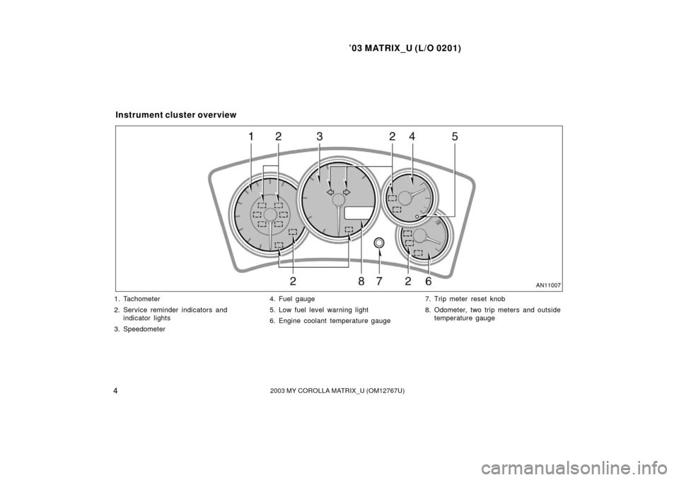 TOYOTA MATRIX 2003 E130 / 1.G Owners Manual ’03 MATRIX_U (L/O 0201)
42003 MY COROLLA MATRIX_U (OM12767U)
1. Tachometer
2. Service reminder indicators andindicator lights
3. Speedometer 4. Fuel gauge
5. Low fuel level warning light
6. Engine c