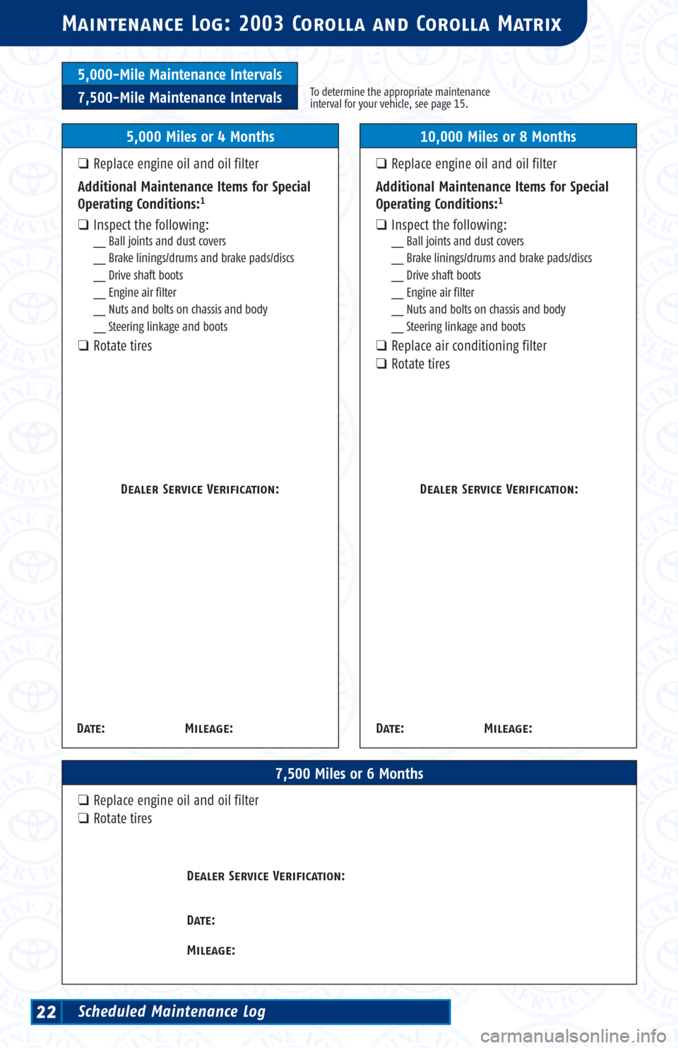 TOYOTA MATRIX 2003 E130 / 1.G Scheduled Maintenance Guide 5,000-Mile Maintenance Intervals
7,500-Mile Maintenance IntervalsTo determine the appropriate maintenance
interval for your vehicle, see page 15.
Maintenance Log: 2003 Corolla and Corolla Matrix
7,500 TOYOTA MATRIX 2003 E130 / 1.G Scheduled Maintenance Guide 5,000-Mile Maintenance Intervals
7,500-Mile Maintenance IntervalsTo determine the appropriate maintenance
interval for your vehicle, see page 15.
Maintenance Log: 2003 Corolla and Corolla Matrix
7,500