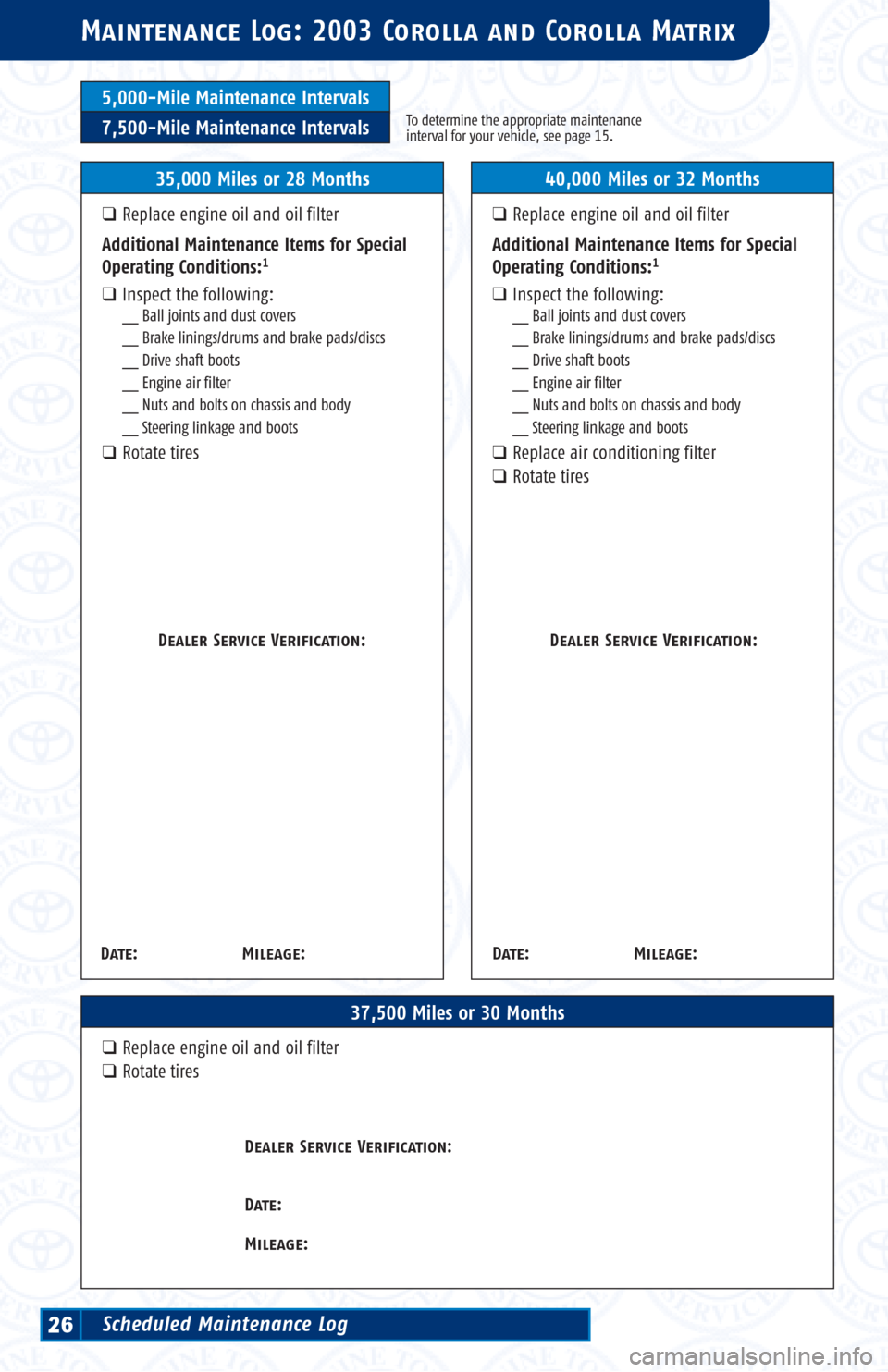 TOYOTA MATRIX 2003 E130 / 1.G Scheduled Maintenance Guide 5,000-Mile Maintenance Intervals
7,500-Mile Maintenance IntervalsTo determine the appropriate maintenance
interval for your vehicle, see page 15.
Maintenance Log: 2003 Corolla and Corolla Matrix
37,50 TOYOTA MATRIX 2003 E130 / 1.G Scheduled Maintenance Guide 5,000-Mile Maintenance Intervals
7,500-Mile Maintenance IntervalsTo determine the appropriate maintenance
interval for your vehicle, see page 15.
Maintenance Log: 2003 Corolla and Corolla Matrix
37,50