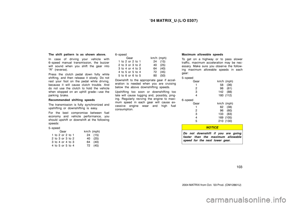 TOYOTA MATRIX 2004 E130 / 1.G Owners Manual ’04 MATRIX_U (L/O 0307)
103
2004 MATRIX from Oct. ’03 Prod. (OM12861U)
The shift pattern is as shown above.
In case of driving your vehicle with
6−speed manual transmission, the buzzer
will sou TOYOTA MATRIX 2004 E130 / 1.G Owners Manual ’04 MATRIX_U (L/O 0307)
103
2004 MATRIX from Oct. ’03 Prod. (OM12861U)
The shift pattern is as shown above.
In case of driving your vehicle with
6−speed manual transmission, the buzzer
will sou