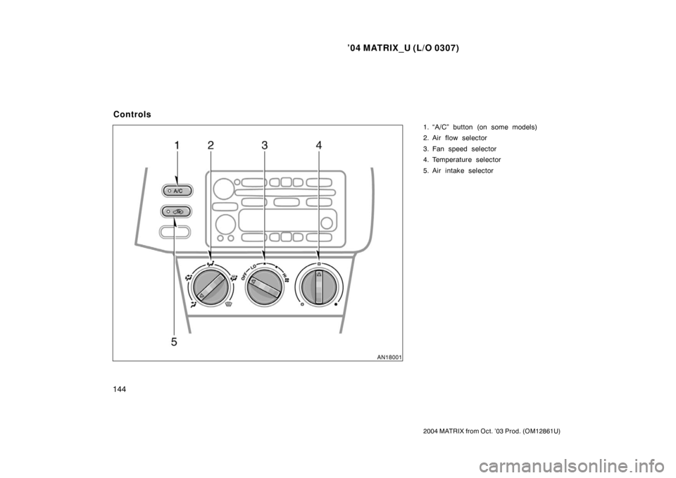 TOYOTA MATRIX 2004 E130 / 1.G Owners Manual ’04 MATRIX_U (L/O 0307)
144
2004 MATRIX from Oct. ’03 Prod. (OM12861U)
1. “A/C” button (on some models)
2. Air flow selector
3. Fan speed selector
4. Temperature selector
5. Air intake selecto