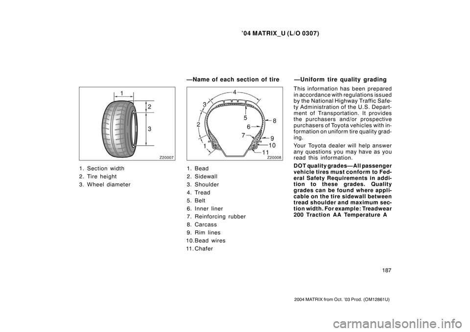 TOYOTA MATRIX 2004 E130 / 1.G Owners Manual ’04 MATRIX_U (L/O 0307)
187
2004 MATRIX from Oct. ’03 Prod. (OM12861U)
1. Section width
2. Tire height
3. Wheel diameter1. Bead
2. Sidewall
3. Shoulder
4. Tread
5. Belt
6. Inner liner
7. Reinforci TOYOTA MATRIX 2004 E130 / 1.G Owners Manual ’04 MATRIX_U (L/O 0307)
187
2004 MATRIX from Oct. ’03 Prod. (OM12861U)
1. Section width
2. Tire height
3. Wheel diameter1. Bead
2. Sidewall
3. Shoulder
4. Tread
5. Belt
6. Inner liner
7. Reinforci