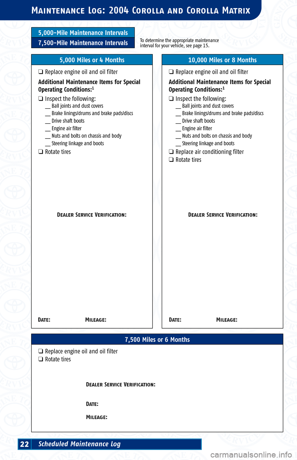 TOYOTA MATRIX 2004 E130 / 1.G Scheduled Maintenance Guide 5,000-Mile Maintenance Intervals
7,500-Mile Maintenance IntervalsTo determine the appropriate maintenance
interval for your vehicle, see page 15.
Ma intenance Log: 2004 Corolla and Corolla Matrix
7,50 TOYOTA MATRIX 2004 E130 / 1.G Scheduled Maintenance Guide 5,000-Mile Maintenance Intervals
7,500-Mile Maintenance IntervalsTo determine the appropriate maintenance
interval for your vehicle, see page 15.
Ma intenance Log: 2004 Corolla and Corolla Matrix
7,50