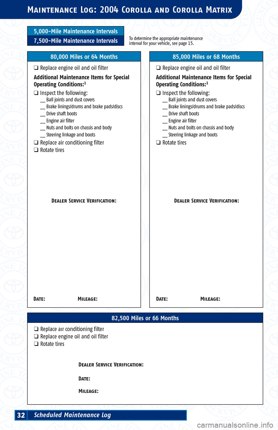TOYOTA MATRIX 2004 E130 / 1.G Scheduled Maintenance Guide 5,000-Mile Maintenance Intervals
7,500-Mile Maintenance IntervalsTo determine the appropriate maintenance
interval for your vehicle, see page 15.
00,000 Miles or 00 Months
Dealer Service Verification: TOYOTA MATRIX 2004 E130 / 1.G Scheduled Maintenance Guide 5,000-Mile Maintenance Intervals
7,500-Mile Maintenance IntervalsTo determine the appropriate maintenance
interval for your vehicle, see page 15.
00,000 Miles or 00 Months
Dealer Service Verification: