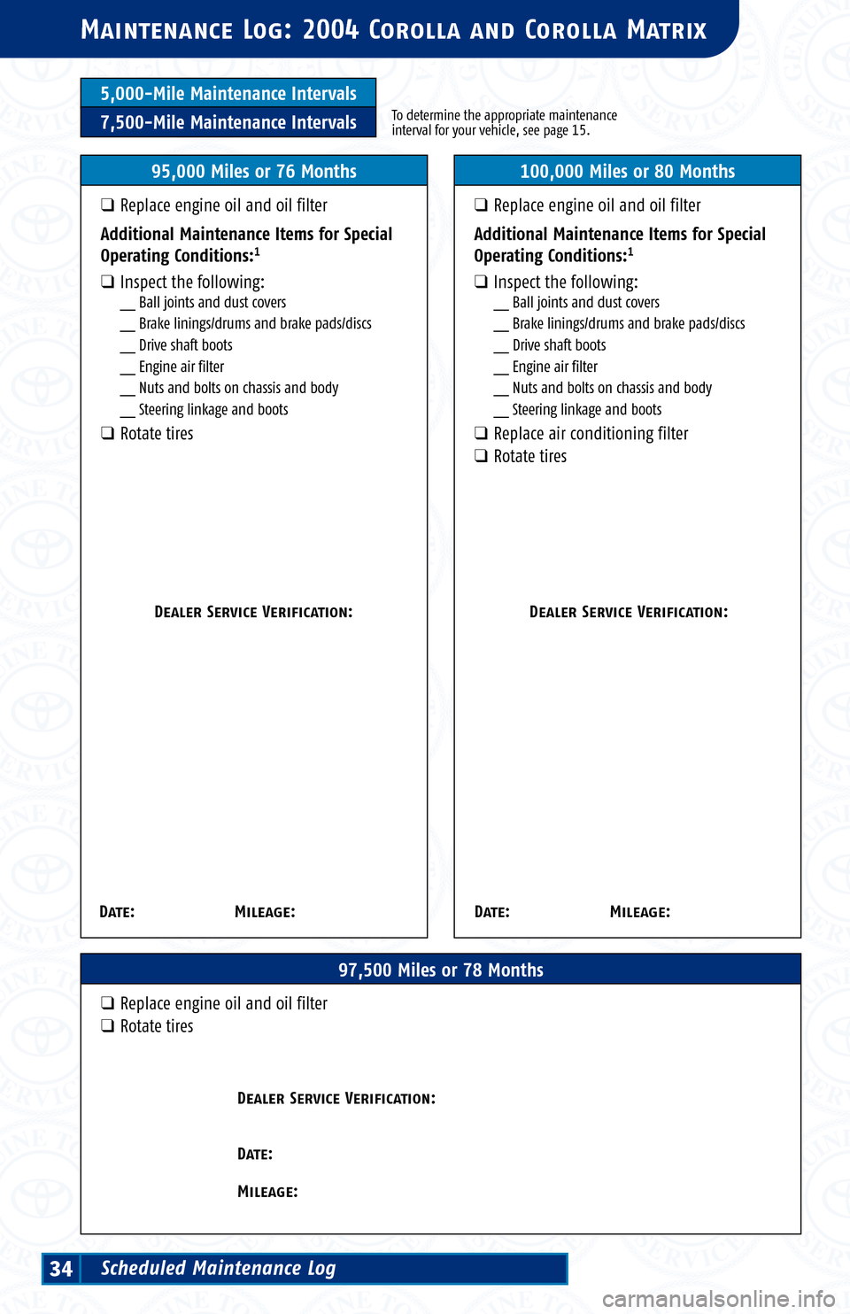 TOYOTA MATRIX 2004 E130 / 1.G Scheduled Maintenance Guide 5,000-Mile Maintenance Intervals
7,500-Mile Maintenance IntervalsTo determine the appropriate maintenance
interval for your vehicle, see page 15.
Ma intenance Log: 2004 Corolla and Corolla Matrix
97,5