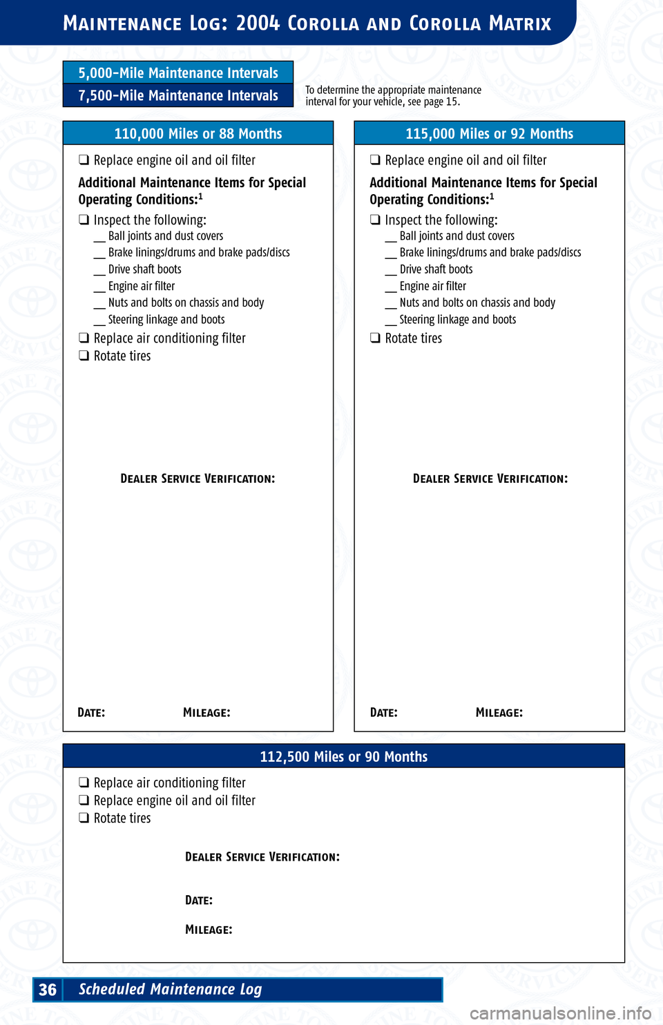 TOYOTA MATRIX 2004 E130 / 1.G Scheduled Maintenance Guide 5,000-Mile Maintenance Intervals
7,500-Mile Maintenance IntervalsTo determine the appropriate maintenance
interval for your vehicle, see page 15.
Ma intenance Log: 2004 Corolla and Corolla Matrix
112, TOYOTA MATRIX 2004 E130 / 1.G Scheduled Maintenance Guide 5,000-Mile Maintenance Intervals
7,500-Mile Maintenance IntervalsTo determine the appropriate maintenance
interval for your vehicle, see page 15.
Ma intenance Log: 2004 Corolla and Corolla Matrix
112,