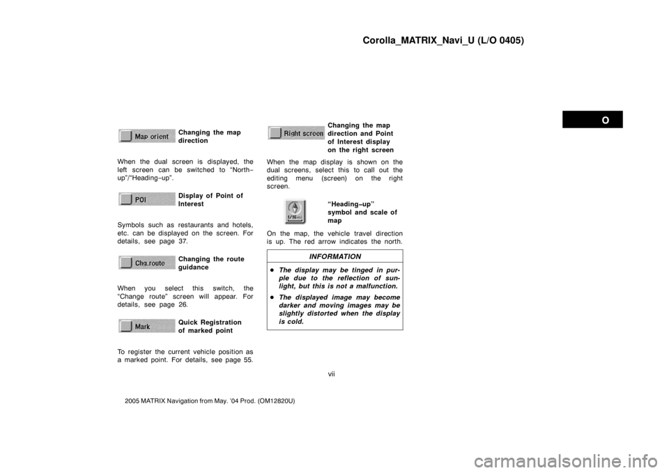 TOYOTA MATRIX 2005 E130 / 1.G Navigation Manual Corolla_MATRIX_Navi_U (L/O 0405)
vii
2005 MATRIX Navigation from May. ’04 Prod. (OM12820U)
Changing the map
directionNZ02622
When the dual screen is displayed, the
left screen can be switched to “