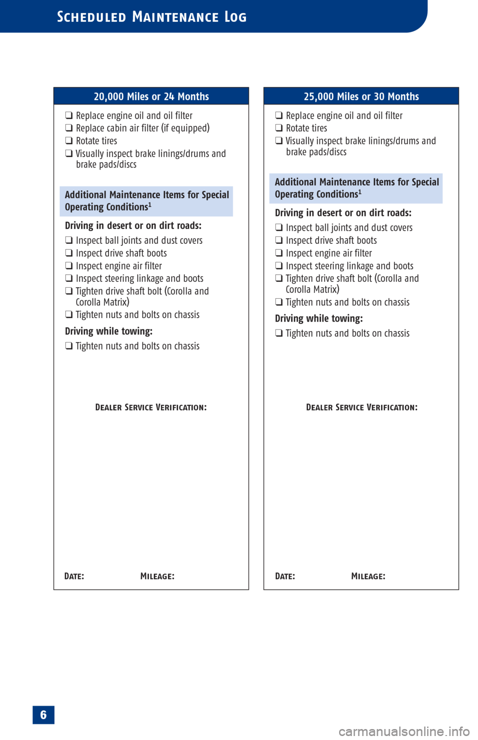 TOYOTA MATRIX 2005 E130 / 1.G Scheduled Maintenance Guide Scheduled Maintenance Log
20,000 Miles or 24 Months
❑Replace engine oil and oil filter
❑Replace cabin air filter (if equipped)
❑Rotate tires
❑Visually inspect brake linings/drums and
brake pad